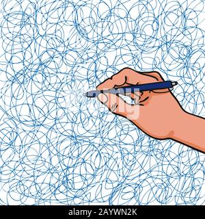 Mano che tiene una penna che scarabocchiano i doodles caotici in linee blu su tutta la pagina che mostra confusione emotiva e caos-mano-disegnato illustrazione vettoriale Illustrazione Vettoriale