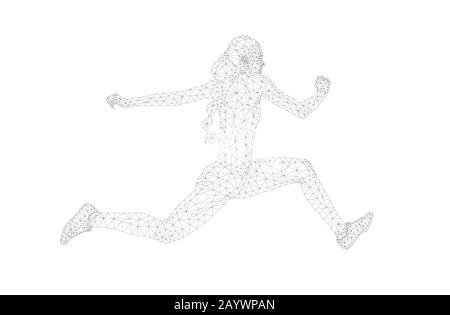 donne atleta jumper in triplo salto poligono wireframe vettore Foto Stock