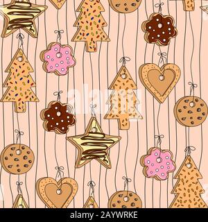 Pattern senza soluzione di continuità con diversi tipi di cookie fatti in casa appesi sui thread Illustrazione Vettoriale