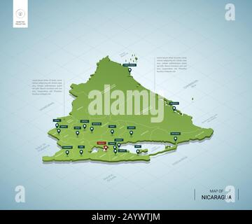 Mappa stilizzata del Nicaragua. Mappa verde isometrica 3D con città, confini, capitale Managua, regioni. Illustrazione del vettore. Livelli modificabili chiaramente etichettati Illustrazione Vettoriale