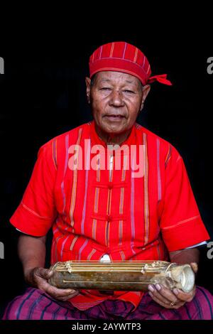 Ritratto Di Un Uomo Del Gruppo Etnico Di Kayah Con Uno Strumento Musicale, Hta Nee La Leh Village, Loikaw, Kayah State, Myanmar. Foto Stock