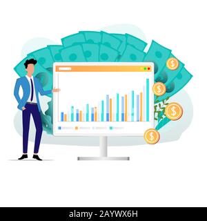 Concetto di business di presentazione sulla crescita degli investimenti, un imprenditore sta presentando un diagramma di grafico a barre per aumentare il valore degli investimenti. Illustrazione Vettoriale