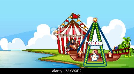 In scena con le scimmie sul circus ride nel parco illustrazione Illustrazione Vettoriale