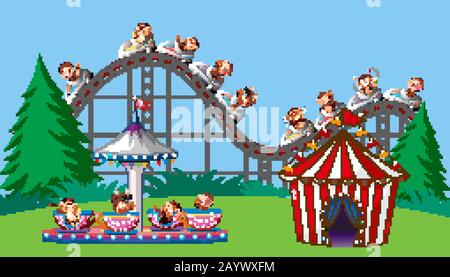 In scena con le scimmie sul circus ride nel parco illustrazione Illustrazione Vettoriale