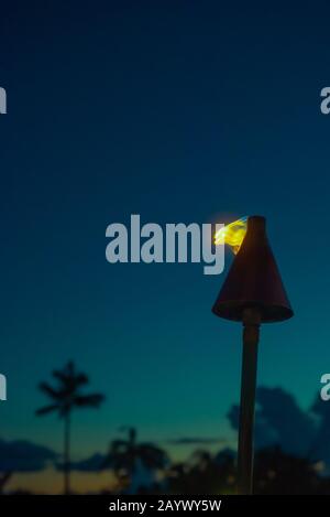 Fiamma da una torcia Tiki al tramonto Con alberi di palma in background Hawaii Con Copy Space Foto Stock