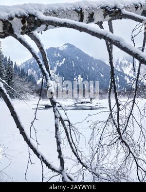 Paesaggio fotografo con fotocamera su treppiede in epico paesaggio a neve d'inverno lago in montagna con albero in primo piano. Foto Stock