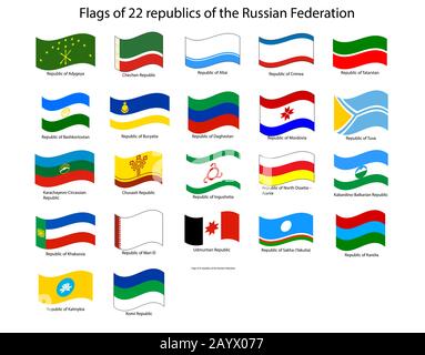 Serie di bandiere della Repubblica di Russia. Tatarstan, Altai, Yakutia, Udmurtia, Kalmykia, Komi, Mari-El, Dagestan, Mordovia, Tuva, Chuvashia, Buryatia Illustrazione Vettoriale