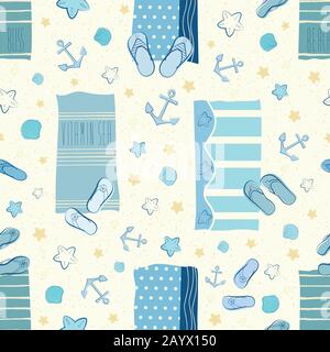 Flip flop scarpa su spiaggia senza cuciture vettore modello sfondo. Stile del contorno disegnato a mano. Stampa completa. Estate, concetto di vacanza tropicale. Illustrazione Vettoriale