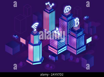 Architettura isometrica degli edifici intelligenti. Web banner con neon futuristico città. Edifici intelligenti con segnaletica. Mappa infografica smart City 3d Illustrazione Vettoriale