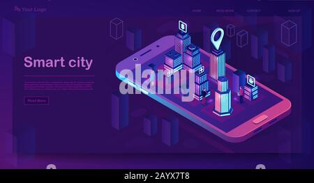 Concetto di architettura isometrica intelligente della città. Banner Web con edifici al neon. Futuristica mappa delle app per smartphone 3d City. Edifici intelligenti con segnaletica. Poll Illustrazione Vettoriale