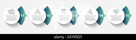 Infografica del cerchio del modello vettoriale. Concetto aziendale con 5 frecce e parti. Cinque fasi per grafico, diagrammi, presentazione Illustrazione Vettoriale