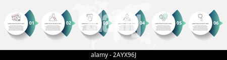 Infografica del cerchio del modello vettoriale. Concetto aziendale con 6 frecce e parti. Sei passaggi per contenuti, grafici, diagrammi, presentazioni Illustrazione Vettoriale