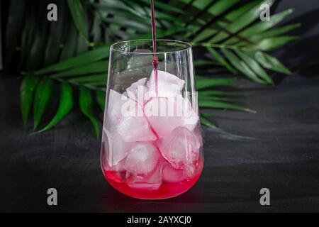 Bevanda al lampone-mirtillo in un vetro trasparente con ghiaccio. La bevanda viene versata in un bicchiere. Aggiunti rami di palma e lamponi. Sfondo nero. Cop Foto Stock
