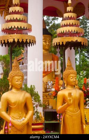 Statue di Buddha con offerte al Wat si Saket è un tempio buddista a Vientiane, la capitale e la più grande città del Laos. Foto Stock