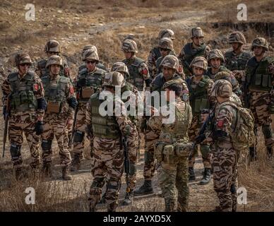 Thies, Senegal. 16th Feb, 2020. Un soldato di fanteria specializzato britannico ha informato i soldati marocchini circa le tattiche che saranno usate contro le minacce nemiche durante una missione di addestramento a Flintlock 20 febbraio 16, 2020 vicino a Thies, Senegal. Flintlock è il più grande esercizio annuale Delle Forze speciali in Africa che coinvolge le truppe degli Stati Uniti e alleate e le nazioni partner africane. Credit: Miguel Pena/Planetpix/Alamy Live News Credit: Planetpix/Alamy Live News Foto Stock