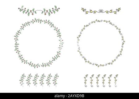 Due cornici Floral circle e divisorio fiorita, isolato su sfondo bianco, illustrazione vettoriale. Illustrazione Vettoriale