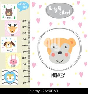 Kids height chart.cute scimmia e animali divertenti, illustrazione vettoriale Illustrazione Vettoriale