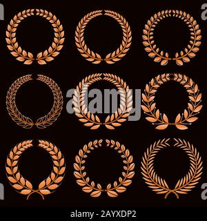 Etichette di vincitori con oro alloro wreaths vettore set. Laurel sport vincitore, ramo wreath Laurel trofeo e trionfo emblema illustrazione Illustrazione Vettoriale