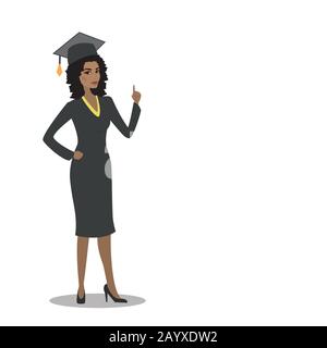 Felice laureato africano americano in mantello e graduazione cap.Gaudioso laureato che celebra la laurea. Concetto di Education. Isolato su bianco e. Illustrazione Vettoriale