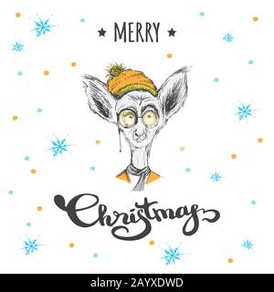 Carino Merry carta invernale Natale con lemur in cappello e sciarpa, illustrazione vettore disegnato a mano Illustrazione Vettoriale