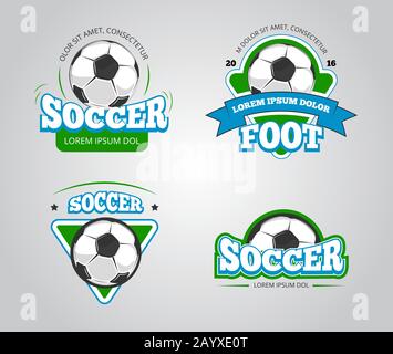 Calcio calcio vettore badge, loghi, t-shirt design templates. Simbolo dello sport di calcio del club e della t-shirt per illustrazione della competizione di calcio o di calcio Illustrazione Vettoriale