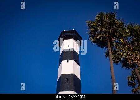 Vista del faro di Pulicat con palme di palmyra accanto, Pulicat (conosciuto anche come Pazhaverkadu), Tamil Nadu, India. Pulicat è una città di pesca a nord Foto Stock
