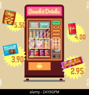 Distributore automatico vettore retro con snack e bevande icone piatte. Distributore automatico di alimenti automatoc. Illustrazione di un distributore automatico di snack e bevande Illustrazione Vettoriale