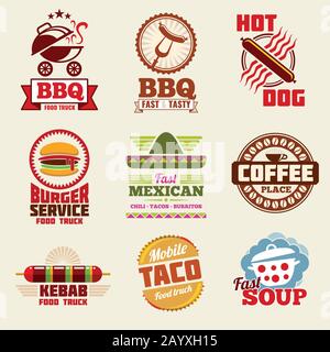 Logo fast food vettoriale, emblemi, etichette e badge set. Ristorante fast food emblema e badge, logo fast food vintage illustrazione Illustrazione Vettoriale