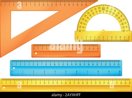 Strumenti scolastici, righelli vettore set. Righello dello strumento per la misurazione e l'illustrazione del righello utensile in centimetri e millimetri Illustrazione Vettoriale