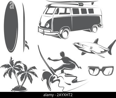 Elementi vettoriali per la navigazione estiva. Estate spiaggia surf e surf tropicale elementi neri Illustrazione Vettoriale