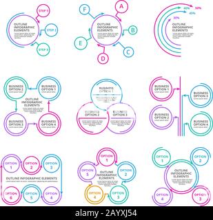 Grafici infografici Set di vettori di elementi a linea sottile. Elementi infografici sulle opzioni aziendali Illustrazione Vettoriale