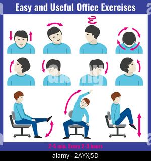 Infografica sui vettori di concetto di assistenza sanitaria per la sindrome da ufficio. Sindrome Ufficio del dolore e persone infografiche esercizi per l'illustrazione del lavoro in ufficio Illustrazione Vettoriale