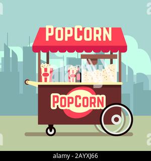 Street food distributore automatico con macchina popcorn. Chiosco mobile Vector con pop corn, carrello per illustrazioni per la vendita di popcorn Illustrazione Vettoriale