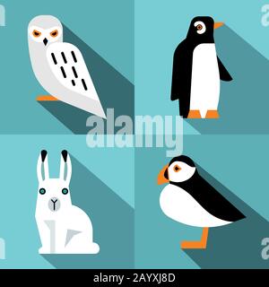 Animali polari in stile piatto con ombra lunga. Pinguino e lepre polare. Illustrazione del vettore Illustrazione Vettoriale