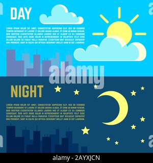 Giorno e notte vettore banner piatto sole luna simboli. Luna e sole illustrazione notte con luna e giorno con sole Illustrazione Vettoriale