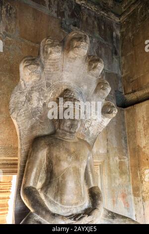 Un Buddha protetto da un Naga a sette teste al complesso del tempio di Angkor Wat, Siem Reap, Cambogia, Asia Foto Stock
