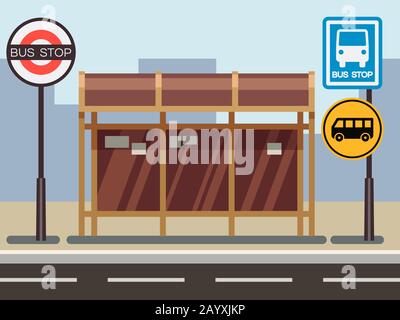 Fermata dell'autobus con il paesaggio urbano della città. Fermata per il trasporto o la fermata del bus stradale. Illustrazione del vettore Illustrazione Vettoriale