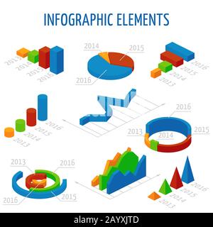 Tabelle vettoriali 3d isometriche impostate per infografiche. Grafico aziendale e grafico per report, grafico a torta per illustrazione dei dati di presentazione Illustrazione Vettoriale