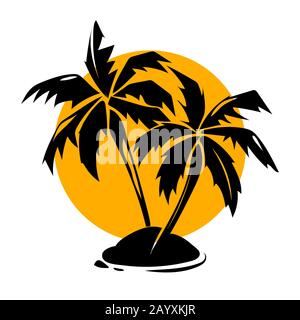 Paradiso tropicale palme e logo sole. Paradiso di viaggio e design estivo, illustrazione vettoriale Illustrazione Vettoriale