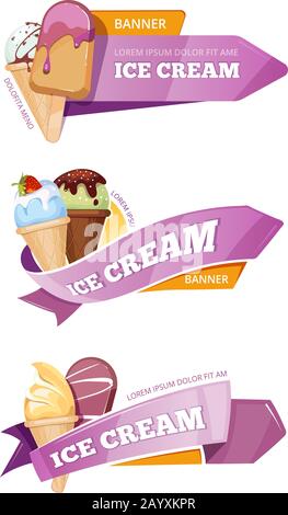 Set di striscioni vettoriali per gelato dolce. Gelato in cono o su bastone, logo banner per illustrazione gelato negozio Illustrazione Vettoriale