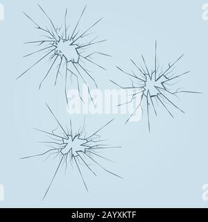 Set di vettori in vetro frantumato schiacciato. Illustrazione dettagliata del vetro di distruzione del telaio, vetro con apertura incrinata Illustrazione Vettoriale