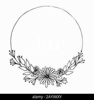 Cornice floreale. Fiore di primavera. Illustrazione disegnata a mano lineare vettoriale. Fiori in cerchio. Doodle bianco e nero Illustrazione Vettoriale