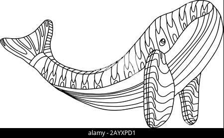 Whale in stile doodle disegnato a mano isolato su sfondo bianco. Libro da colorare per adulti e bambini. Illustrazione del contorno dello stock vettoriale. Animale oceano. Illustrazione Vettoriale