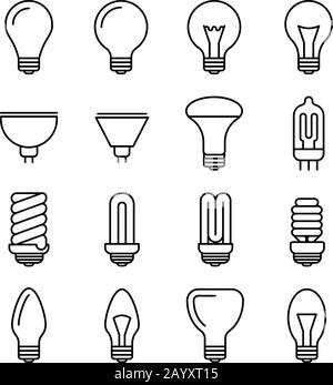 Icone vettoriali del contorno della lampadina. Illustrazione della lampadina a energia e potenza. Lampada fluorescente e alogena Illustrazione Vettoriale