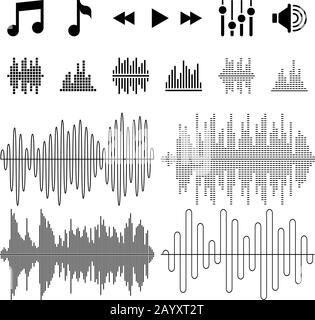 Equalizzatore, musica, onde sonore icone vettoriali. Musica equalizzatrice di onde e frequenze. Illustrazione della melodia dell'equalizzatore audio Illustrazione Vettoriale
