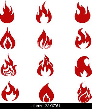 Simboli fiamme rosse, icone vettore set. Tattoo a fuoco acceso e fuoco a fiamma calda per l'illustrazione del marchio o del logo Illustrazione Vettoriale
