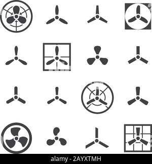 Ventole, eliche icone vettoriali impostate. Ventilatore e raffreddatore elettrico con illustrazione della pala Illustrazione Vettoriale