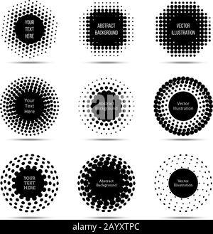 Elementi vettoriali di design tondi mezzitoni. Set di banner pop art circolari. Elemento monocromatico con illustrazione dei punti neri Illustrazione Vettoriale