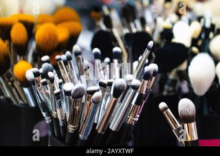 Una collezione di spazzole in lana naturale per l'applicazione di cosmetici, primo piano. Foto Stock