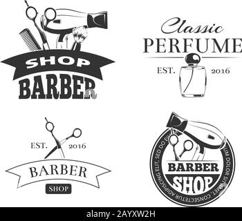 Set di loghi o fregi vettoriali per barbiere retrò. Barbershop etichette vintage con elementi tipografici di design Illustrazione Vettoriale